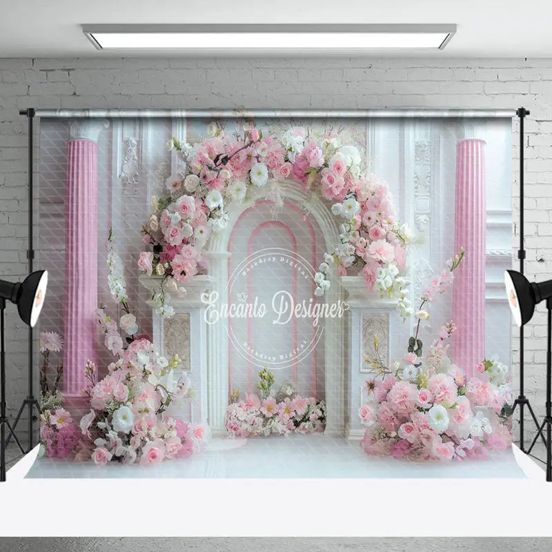 White Luxury Wall Pink Floral Wedding Photo Backdrop