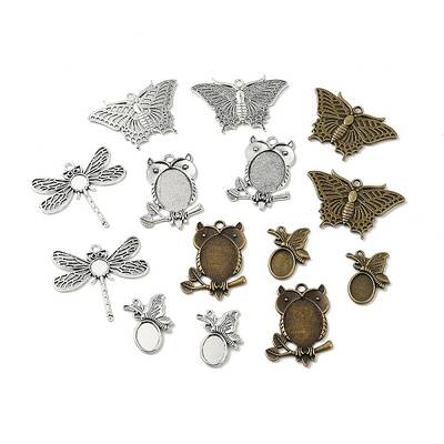 14Pcs 7 Styles Tibetan Style Alloy Pendant Cabochon Settings