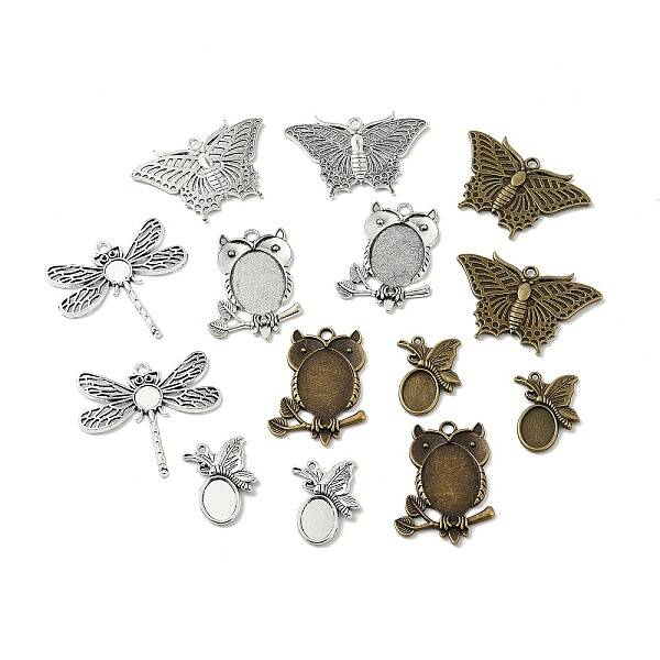 14Pcs 7 Styles Tibetan Style Alloy Pendant Cabochon Settings