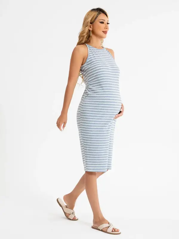 Maternity Women's Striped Print Halter Cami Maternity Dress, Casual Sleeveless Knee Length Dress, Maternity Dress for Dail...