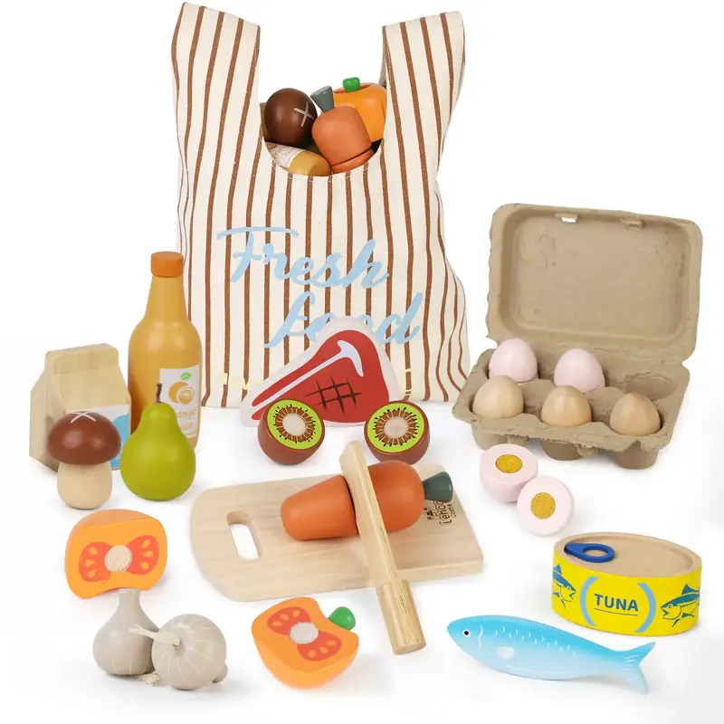 Lehoo Castle Wooden Pretend Play Food Sets for Kids Kitchen, Food Toys for Kids, with Shopping Bag, Pretend Food Play Kitchen...