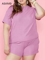 【Plus Size】two-piece Set Solid Drop Shoulder Shortsleeve Crewneck Tee & Shorts, Casual Fashion Cozy Fitted Round Neck Sho...