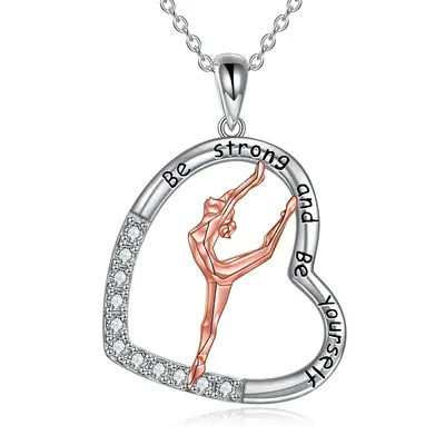 Sterling Silver Two-tone Round Cubic Zirconia Gymnast & Heart Pendant Necklace with Engraved Word