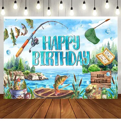 Blue Lake Wood Boat Fishing Happy Birthday Backdrop - Aperturee