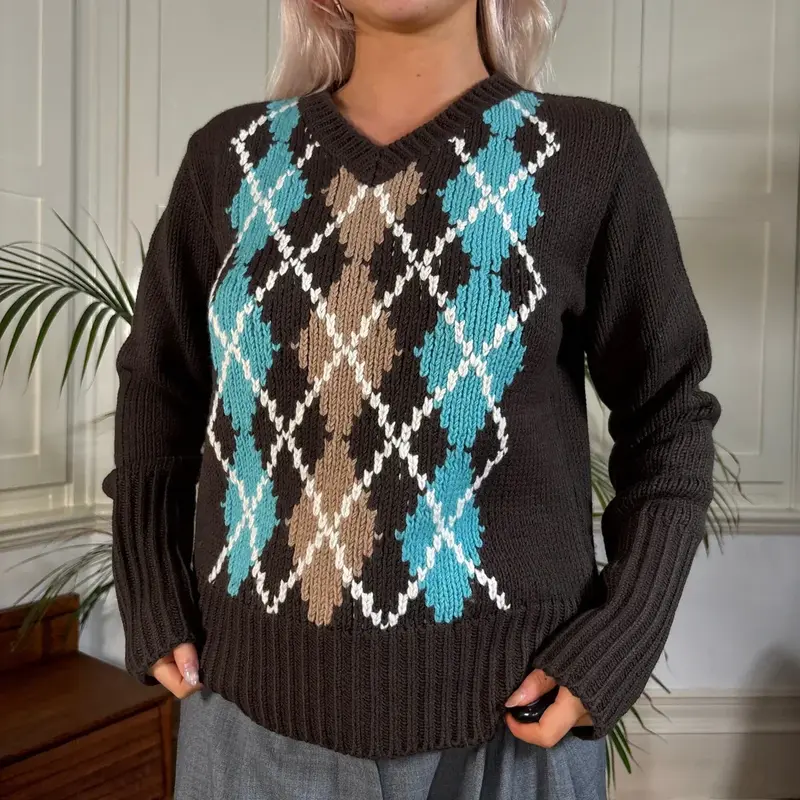 New Penny Argyle Jumper - Large Brown Wool Blend