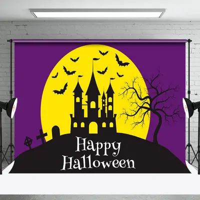 Purple Vibe Mountain Villa Bat Happy Halloween Backdrop