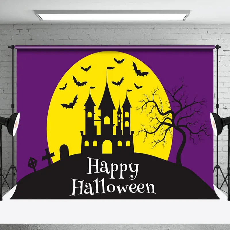 Purple Vibe Mountain Villa Bat Happy Halloween Backdrop