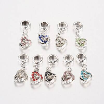 Heart Antique Silver Plated Alloy Rhinestone European Dangle Charms Large Hole Pendants