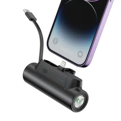 5000mAh Portable Power Bank, Compact Phone Charger with Built-in Charging Cable, Power Bank with Flashlight Suitable for iPho...