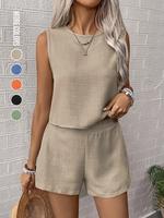 Women's Solid Color Crop Sleeveless Top & Shorts Two-piece Set, Casual Fashion Cozy Top & Jumpsuit for Daily Outdoor Wear, La...
