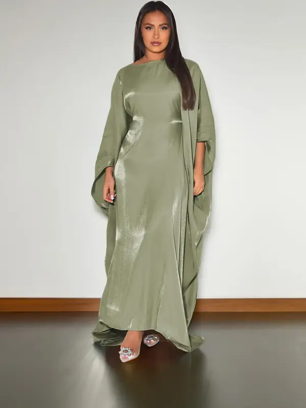 Women's Solid Batwing Sleeve Kaftan Dress, Modest Long Sleeve Round Neck Maxi Dress for Daily Wear, Women's Islamic Clothing ...
