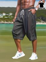 【Plus Size】Men's Plain Pocket Drawstring Waist Capri Pants, Relaxed Fit Fashion Casual Cargo Trousers for Summer, Men's A...