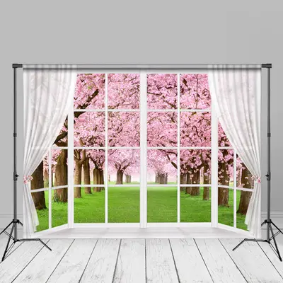 White Window Pink Floral Tree Grass Spring Backdrop - Aperturee