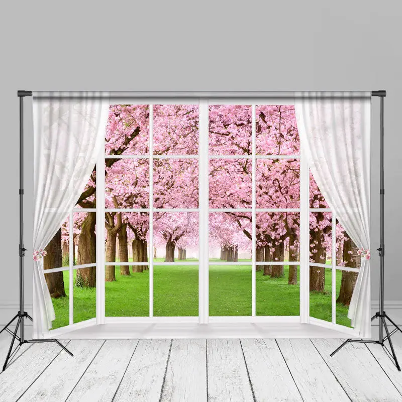 White Window Pink Floral Tree Grass Spring Backdrop - Aperturee