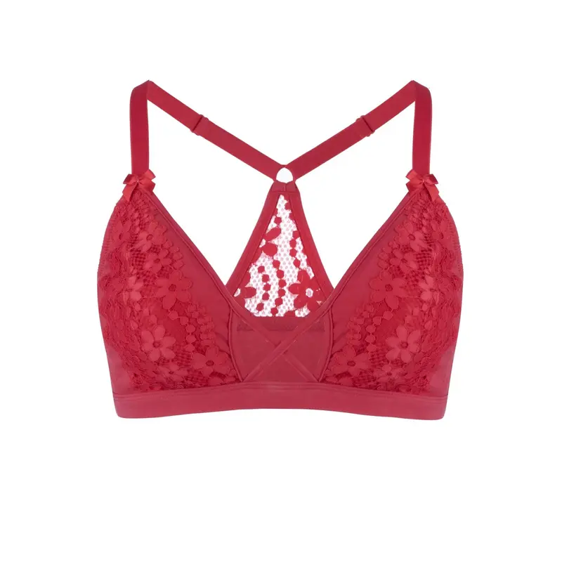 Passion Red - Lace Organic Cotton & Silk Bralette | Size: 16 | Color: Red