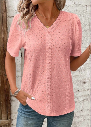 Modlily Pink Patchwork Short Sleeve V Neck Blouse - XL
