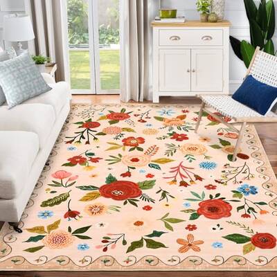 Garvee Beige Floral Area Rug for Living Room, 9x12 Machine Washable Large Rugs, 9x12 Non Slip Vintage Low Pile Soft Carpet fo...