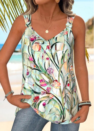 Modlily Light Green Twist Floral Print Sleeveless Tank Top - XL