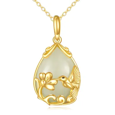 14K Gold Pear Chalcedony Hummingbird Drop Shape Pendant Necklace