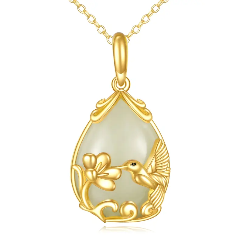 14K Gold Pear Chalcedony Hummingbird Drop Shape Pendant Necklace