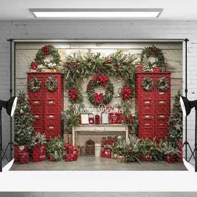 Red Mailbox Wreaths Festive Photo Christmas Backdrop - Aperturee
