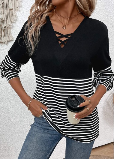 Modlily Black Criss Cross Striped Long Sleeve T Shirt - XL