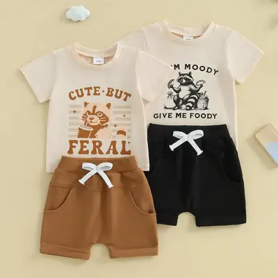 Toddler Baby Boy Summer Clothes Cute Raccoon Letter Print Short Sleeve T Shirt Tops and Stretch Shorts Two Piece Outfit #Spri...
