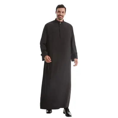 Modest Muslim Robe for Men TH840 Stand-Up Collar Button Design Oversized Loose Fit Solid Black Woven Polyester Ethnic Middle ...