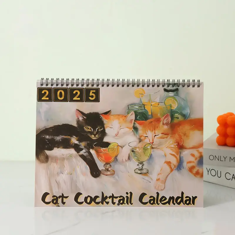 Cat Cocktail Party Pattern 2025 Calendar, 1 Count Creative Animal Pattern Wall Calendar, Wall Decor for Home Office Dormitory...