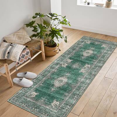 Garvee Floral Vintage Area Rug Non Slip Soft Machine Washable Distressed Vintage Green 2x6ft Living Room Bedroom Dining
