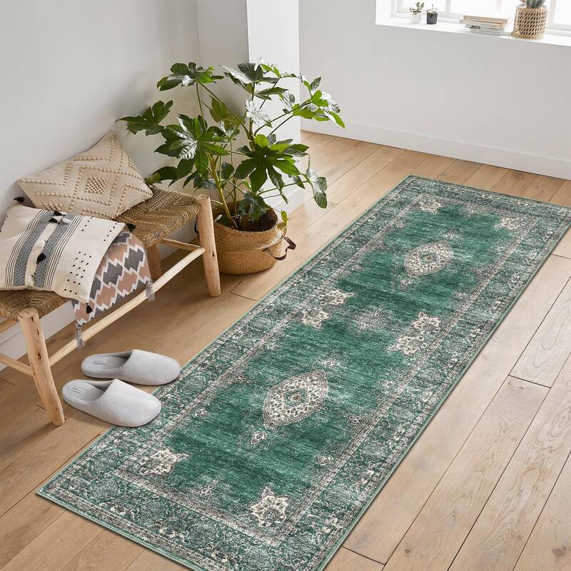 Garvee Floral Vintage Area Rug Non Slip Soft Machine Washable Distressed Vintage Green 2x6ft Living Room Bedroom Dining