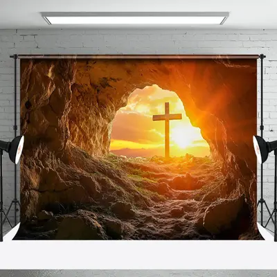 Aperturee Stone Cave Cross Sunset Scenery Easter Backdrop, 3X2FT(1MX0.6M), 14 USD, easter backdrops, NYHD6I16-M
