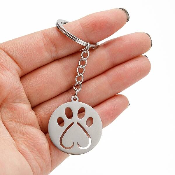 Non-Tarnish 201 Stainless Steel Hollow Cat Paw Print Pendant Keychain