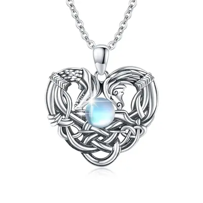 Sterling Silver Circular Shaped Moonstone Dragon & Horse Pendant Necklace