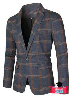 Men's Plaid Print Button Front Flap Pocket Blazer, Regular Fit Tailored Long Sleeve Lapel Neckline Suit Jacket for Business F...