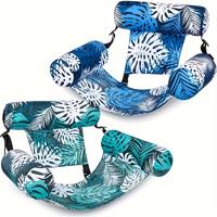 adult thick inflatable water lounge chair - tropical leaf patterned pool float bed, built-in cup holder, durable inflatable m...