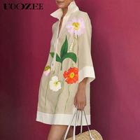UOOZEE Women's A-Line Loose Buttoned Flower Print Split-Joint Split-Side Stand Collar Mini Dresses Summer Casual Floral