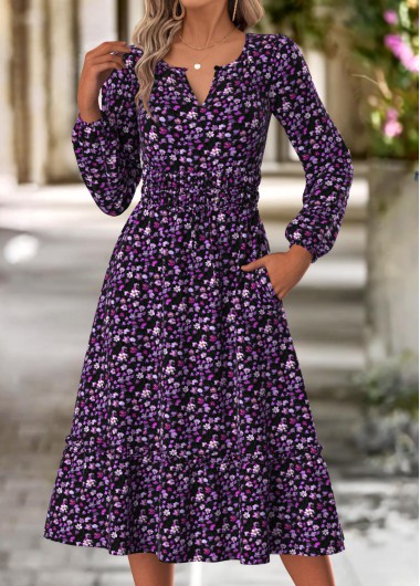 Modlily Purple Double Side Pockets Ditsy Floral Print Dress - XXL