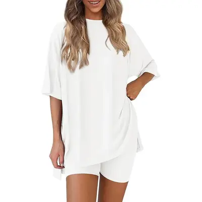 Women's Summer Two-Piece Set 2025 Casual Oversized Crewneck Split Hem Shirts & Side Pocket Biker Shorts Minimalist Lounge Wea...