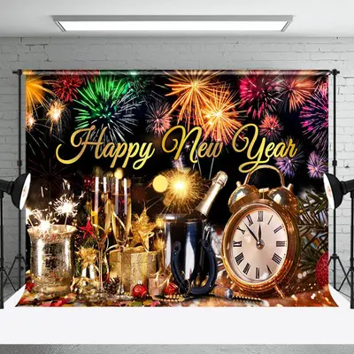 Aperturee Clock Champagne Celebration Happy New Year Backdrop