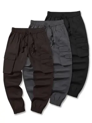 Men's Solid Multi-pocket Drawstring Waist Cargo Pants, Loose Casual Fashion Trousers for Daily Wear, Pants for Men, Men's Bot...