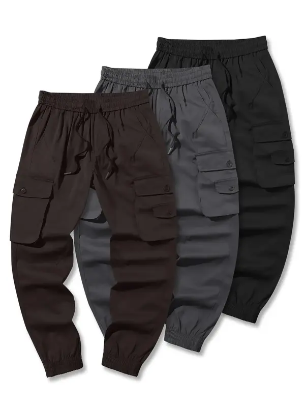 Men's Solid Multi-pocket Drawstring Waist Cargo Pants, Loose Casual Fashion Trousers for Daily Wear, Pants for Men, Men's Bot...