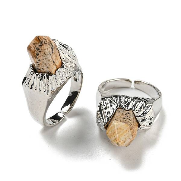 Hexagonal Prism Natural Picture Jasper Open Cuff Rings