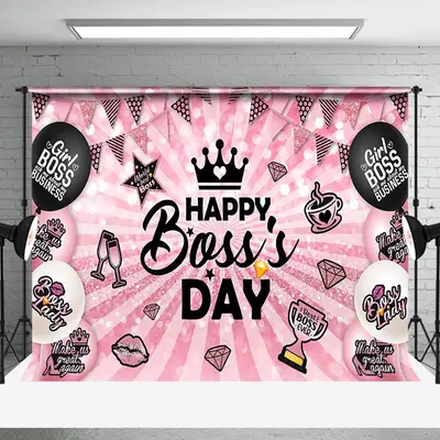 Pink Black Balloons Stripe Happy Bosss Day Backdrop