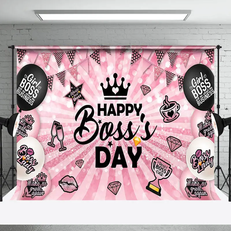 Pink Black Balloons Stripe Happy Bosss Day Backdrop