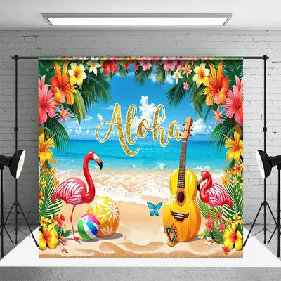 Aloha Blue Sky Beach Flamingo Floral Summer Backdrop - Aperturee