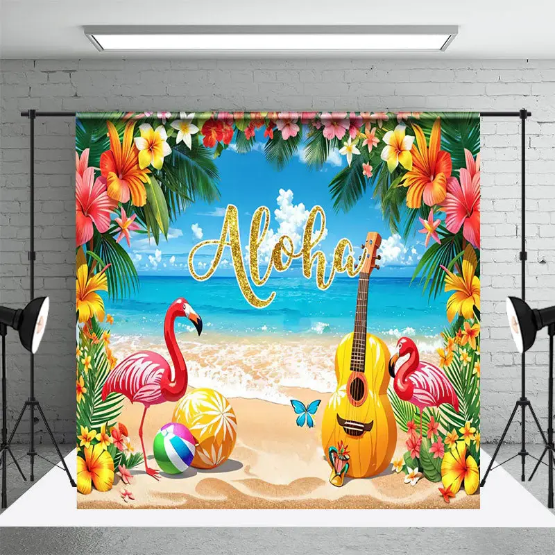 Aloha Blue Sky Beach Flamingo Floral Summer Backdrop - Aperturee