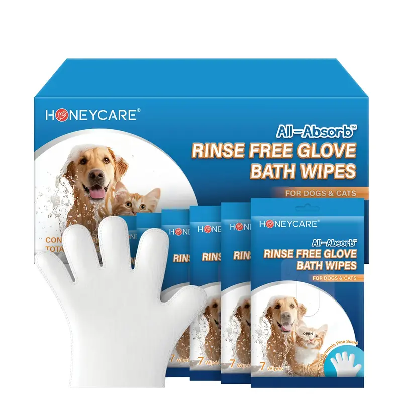 HONEYCARE : All-Absorb Pet Glove Wipes for All Pets Dogs & Cats,Hypoallergenic Pet Wipes Disposable No-Rinse Grooming, 7/21/4...