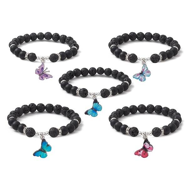 Natural Lava Rock & Black Agate Round Beaded Stretch Bracelet