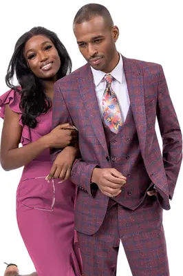 Burgundy Windowpane Plaid Men's Fashion Suit - Two Button Peak Lapel Vested